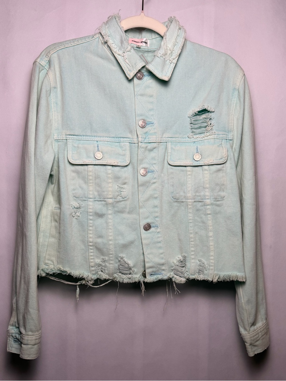 Sunset + Spring Distressed Mint Denim Jacket Size Medium NWT